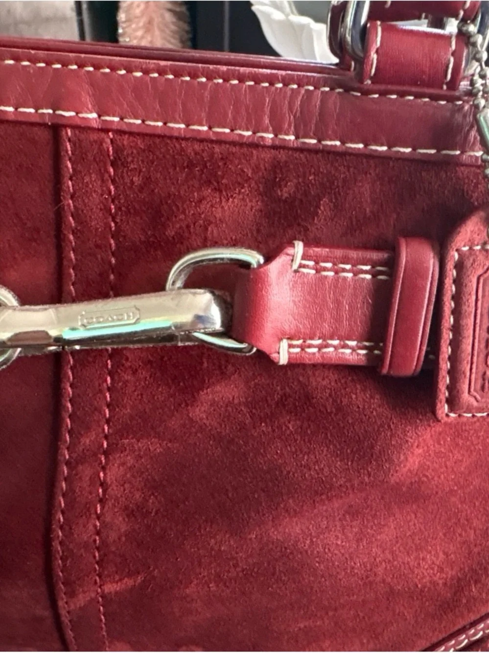 Coach Red Suede & Leather Satchel with Silver Hardware
